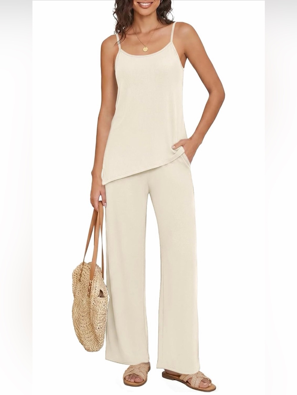A483- 2 Piece Cream Spaghetti Wide-Leg Jumpsuit -Summer Layered Style NWT